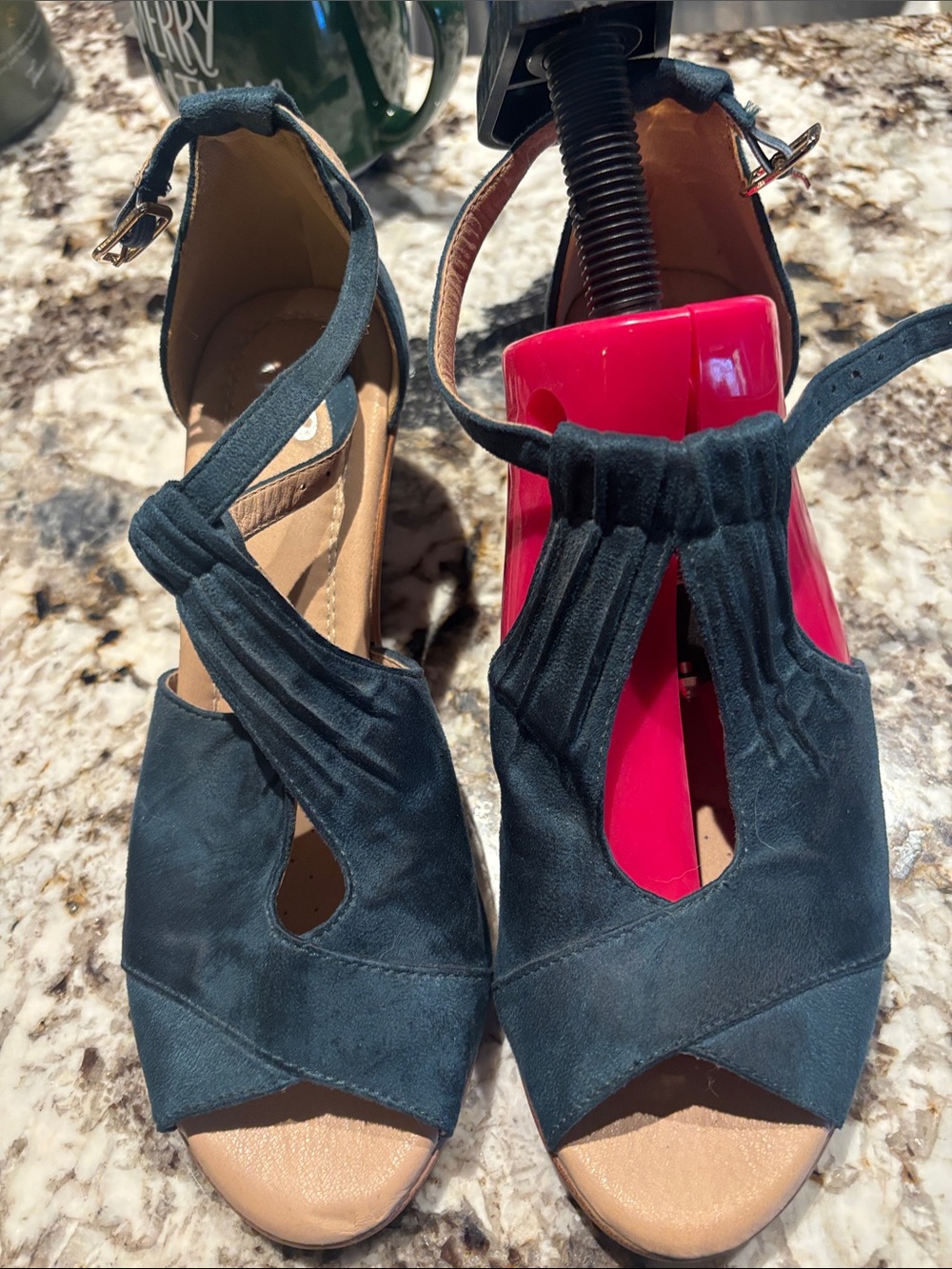 Juicy Couture dark teal and tan Suede Peep-Toe Crisscross Wedge Sandals